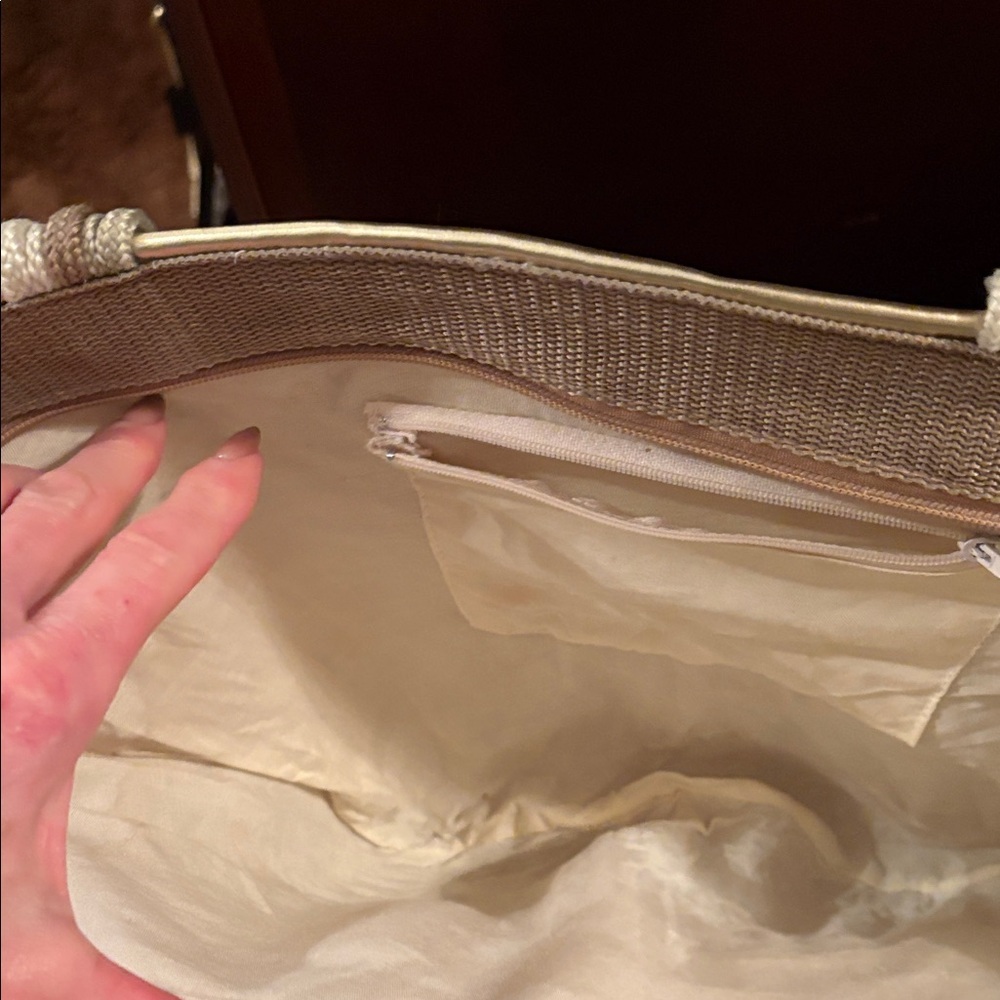 Striped Tan Gold silver and Cream wovenTote Bag - Picture 7 of 7
